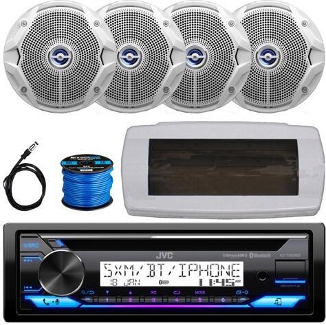 JVC KD-T92MBS Single-DIN Marine Bluetooth USB/AUX CD Player AM/FM Stereo Receiver W/White Cover, 4x JBL 6.5' 180W Max Power Dual Cone Coaxial White...