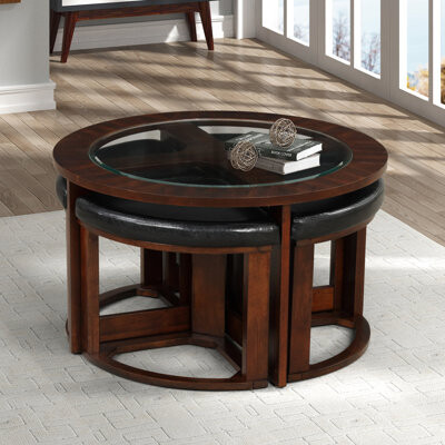 Latitude Run Round Table With 4 Stools, Solid Wood And Glass, , Contemporary Living Room Decor Finished Glass Top Coffee Office Area