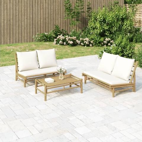vidaXL Patio Furniture Set 2 Piece Loveseat with Cream White Cushions Bamboo