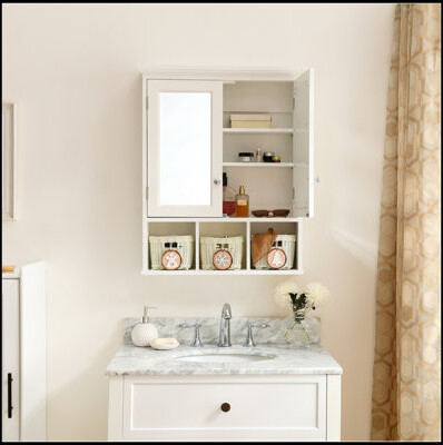 High-Quality Bathroom Storage Cabinet, Medicine Cabinets For Bathroom With Mirror, 2 Doors 2 Adjustable Shelf + 3 Christmas Style Storage Basket, Whit