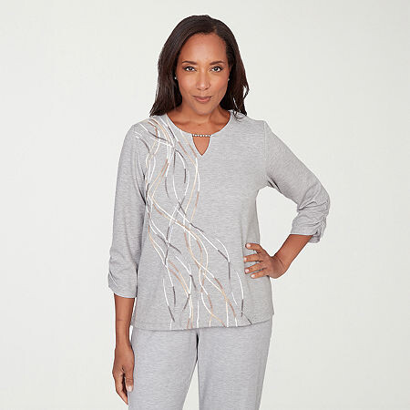 Alfred Dunner Comfort And Joy Womens Split Crew Neck 3/4 Sleeve T-Shirt