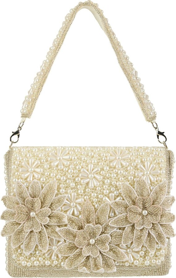 Pode White Diana Ivory Pearl Beaded Floral Clutch