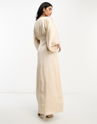 TFNC Bridesmaid kimono sleeve satin wrap maxi dress in mink
