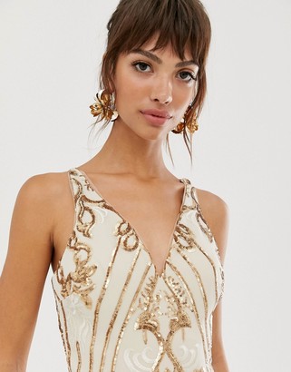 Bariano embellished patterned sequin strappy back maxi dress in gold