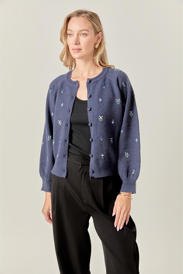 ENGLISH FACTORY Women's Beads Floral Round Neck Cardigan