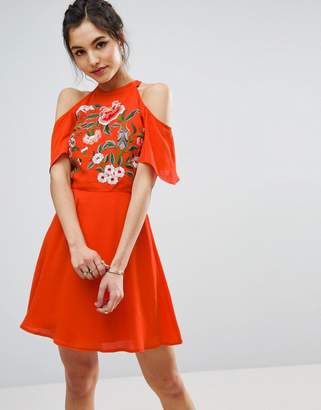 ASOS Cold Shoulder Skater Dress With Floral Embroidery