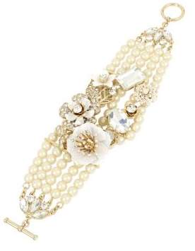 Miriam Haskell Vintage Pearl White Flower Crystal and Faux Pearl Statement Bracelet