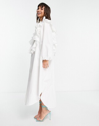 ASOS EDITION oversized shirt dress with ruffle detail in white