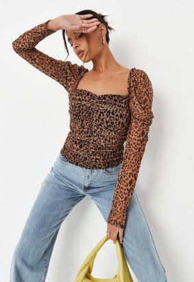brown leopard mesh ruched milkmaid top