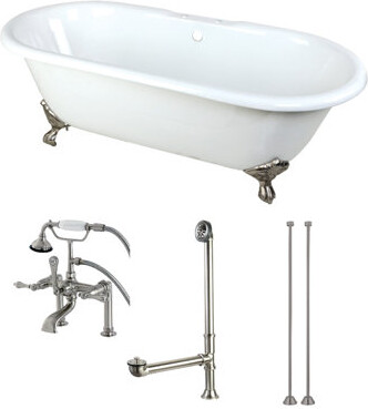 Kingston Brass Aqua Eden 66-Inch Cast Iron Oval Double Ended Clawfoot Tub with Faucet Drain and Supply Lines Combo