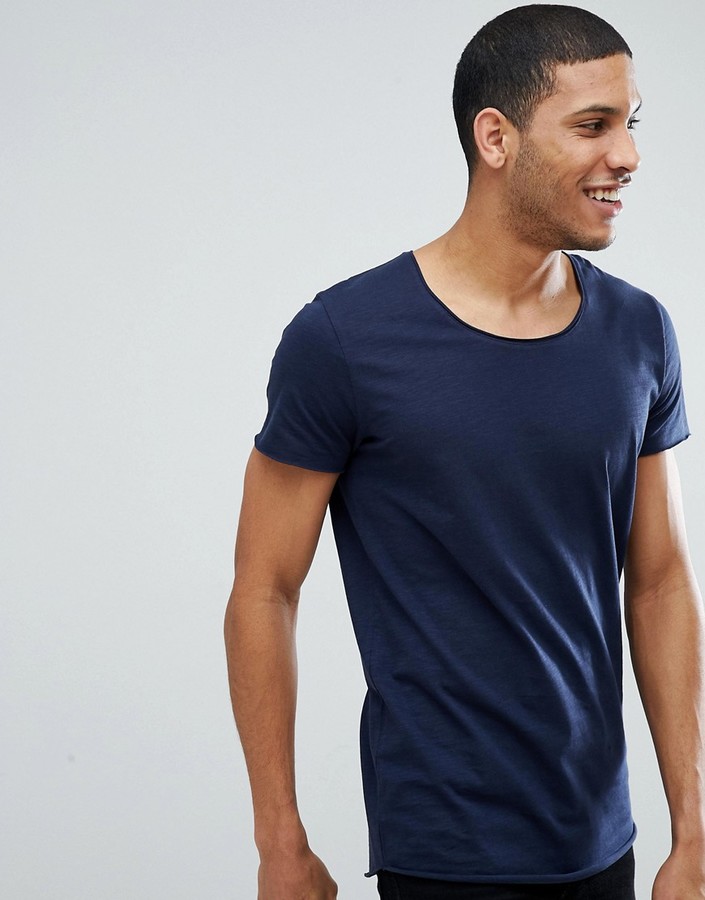 Jack and Jones Essentials scoop neck longline t-shirt in navy - ShopStyle