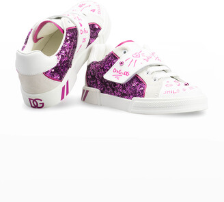 Dolce & Gabbana Girl's Glitter Graffiti Logo Low-Top Sneakers, Kids