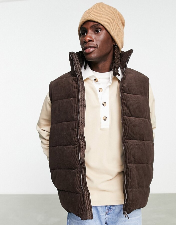 ASOS DESIGN cord puffer vest in brown - ShopStyle