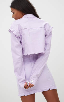 PrettyLittleThing Lilac Ruffle Cropped Denim Jacket