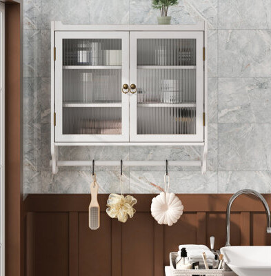 Kozart Glass Door Vintage Double Door Wall Cabinet with Three Tiers of Storage with Towel Rack for Bathroom KitchenDining Room White Washed