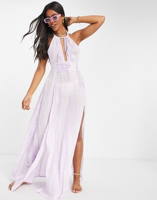 ASOS DESIGN deep plunge maxi beach dress in lilac tie dye - ShopStyle