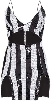 PrettyLittleThing Monochrome Stripe Sequin Strappy Plunge Extreme Split Bodycon Dress