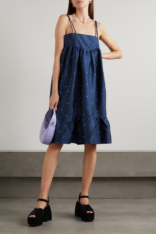 Batsheva Singer Ruffled Crystalembellished Taffeta Midi Dress Blue