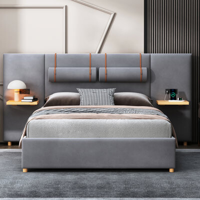 Ivy Bronx Queen Bed With Charging & Outlets, Gray Velvet Fabric, Bedside Storage Shelf Upholstered Platform In , And Side Options