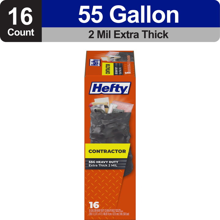 Hefty Heavy Duty Contractor Extra Large Trash Bags, 55 gallon, 16 Count