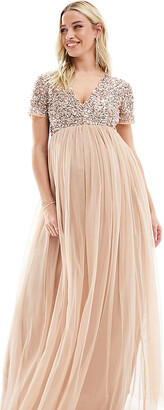 Maya Maternity Bridesmaid short sleeve maxi tulle dress with tonal delicate  sequins in muted blush - ShopStyle