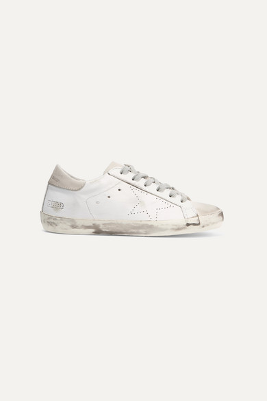 golden goose superstar distressed metallic leather and suede sneakers