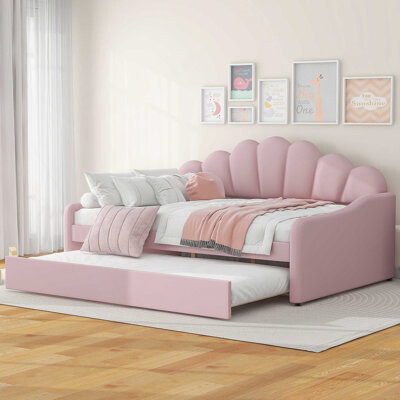 Full Size Upholstery Daybed Frame with Shall Shaped Backrest and Trundle