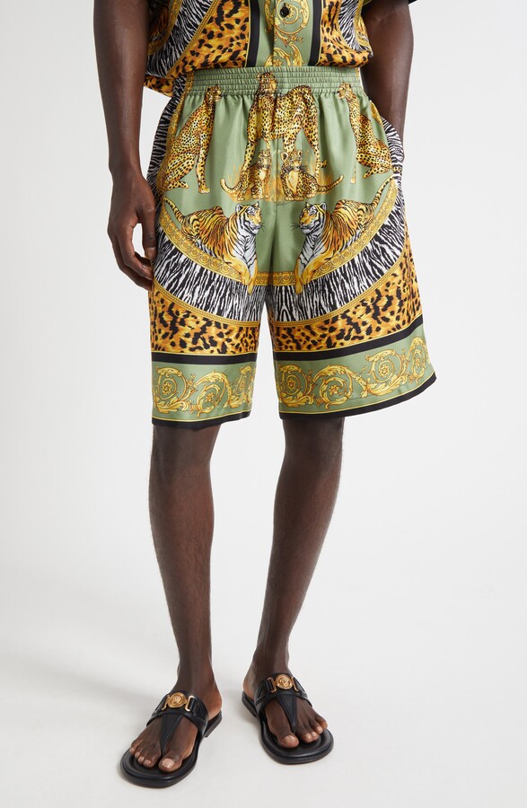Versace Wild Cats Print Silk Twill Shorts