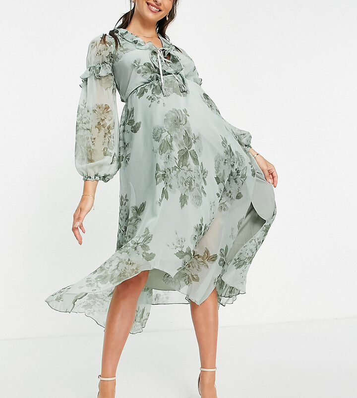 ASOS Maternity ASOS DESIGN Maternity ruffle detail plunge midi dress with  tie detail in green floral print - ShopStyle