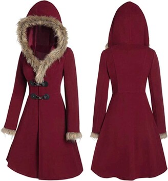 LOPILY Women's Winter Hooded Coats Faux Fur Collar Cloak with Hood Vintage Slim Tartan Hooded Windbreaker Woolen Coats Long Riding Coat（B-Red，8 UK/S CN）