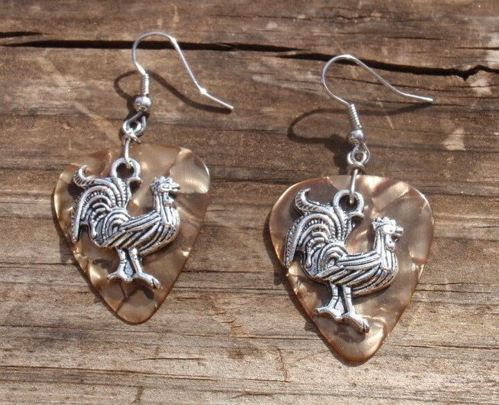 Rooster Dangle Earrings, Country Rustic Guitar Pick Silver Jewelry, Choice Color, Pierced Clip On, Farm Birds Barnyard Chicken