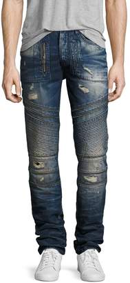 PRPS Demon Distressed Moto Slim-Straight Jeans, Camping (Dark Blue)