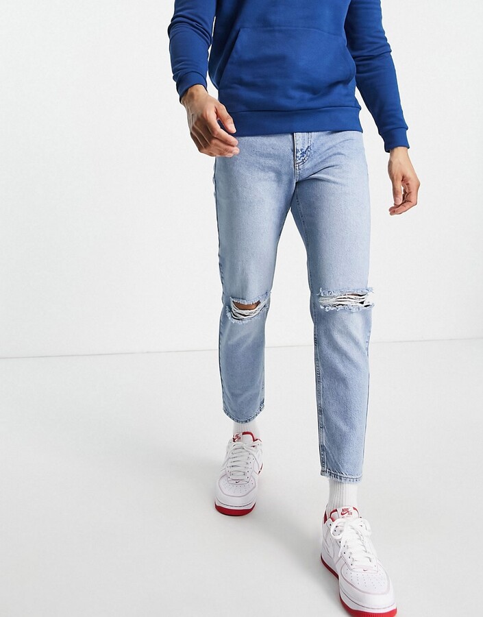 ASOS DESIGN classic rigid ripped jeans in mid wash blue - ShopStyle
