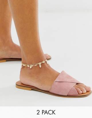 ASOS DESIGN pack of 2 anklets with feather pendants in gold tone