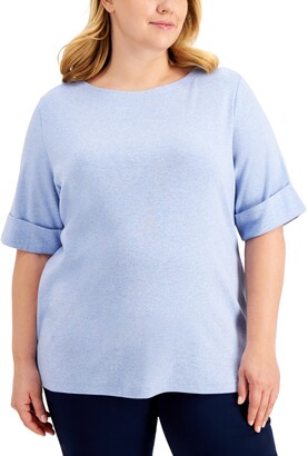 Karen Scott Plus Size Cotton Elbow-Sleeve Top, Created for Macy's