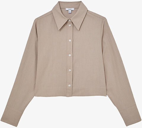 Reiss Womens Neutral Caylan Cropped Cotton and Wool-Blend Shirt 6