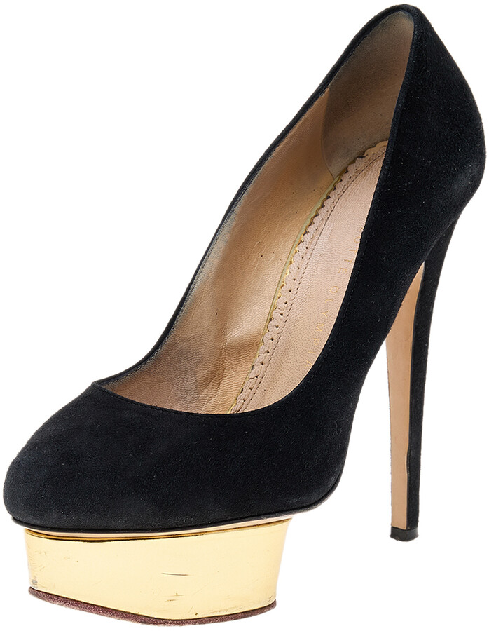 Charlotte Olympia Black Suede Dolly Platform Pumps Size 37.5