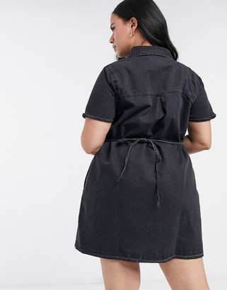 ASOS DESIGN Curve soft denim smock shirt dress in washed black