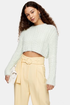 Topshop Sage Green Fluffy Cable Crop Knitted Sweater - ShopStyle