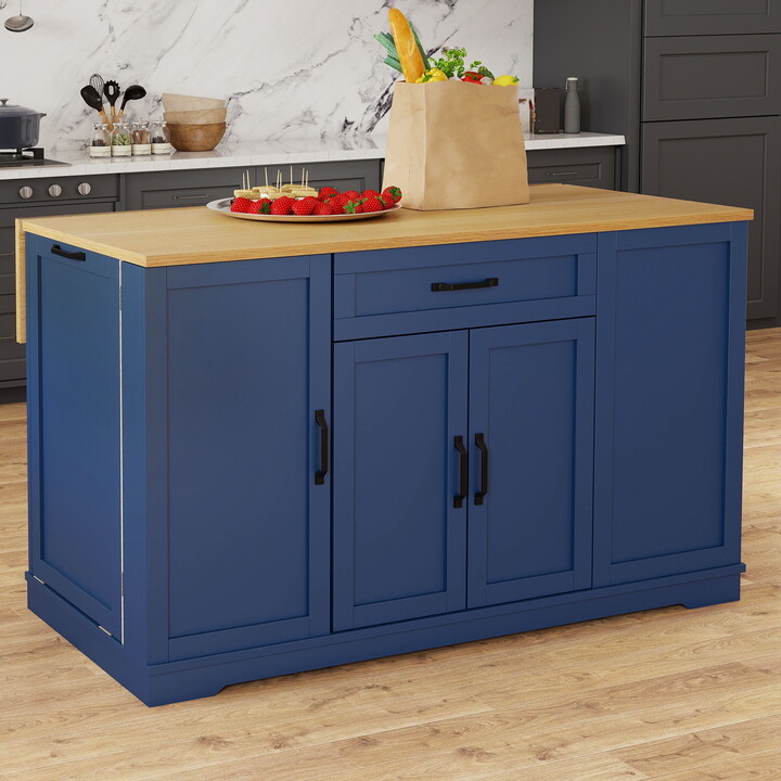 Uforic Kitchen Island with Drop Leaf & Power Outlets, Rolling Island with Wheels & Trash Storage Compartment, Blue