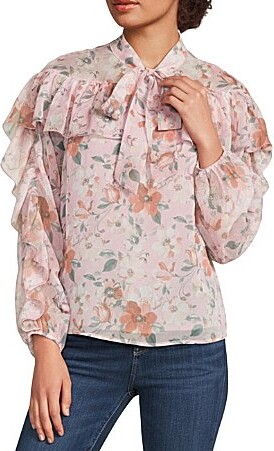MelloDay Ruffle Floral Chiffon Tie Neck Long Sleeve Top