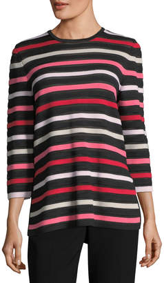 St. John Ombre Color Stripe Knit Jewel-Neck 3/4-Sleeve Sweater