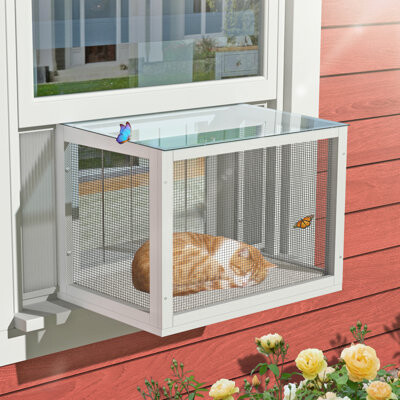 Cat Window Box, Window Catio Universal Cat Window Perch with Waterproof Transparent Top Fits Double Hung Windows 24" to 42.5" Wide, for Sunbathing, Na