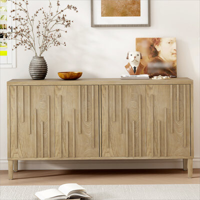 Hokku Designs 59.8" 4-Door Sideboard,Hidden Handle,Distinctive Solid Ash Veneer Buffet with Storage, Farmhouse Sideboard TV Stand for Living Room, Hallway, Dining,