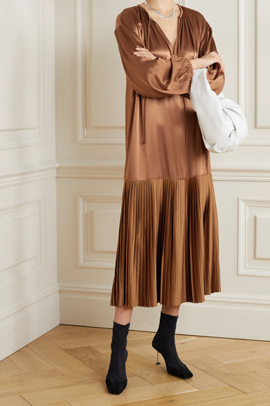 By Malene Birger Lemona Pleated Satin Midi Dress - Light brown - ShopStyle