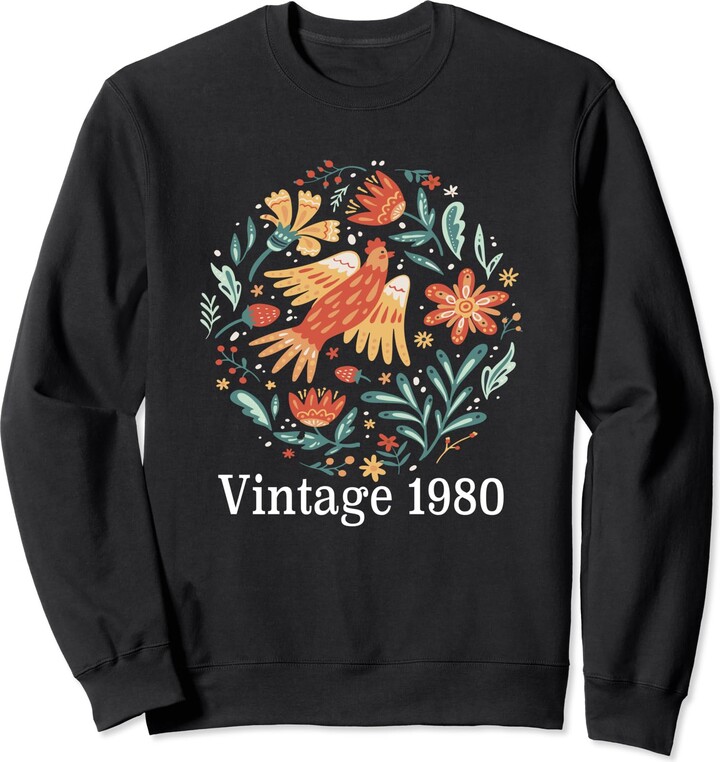 OMG Its My Birthday Happy Birthday Shirts Vintage 1980 Cute Folk Art Bird Floral Flower 44th Birthday Sweatshirt