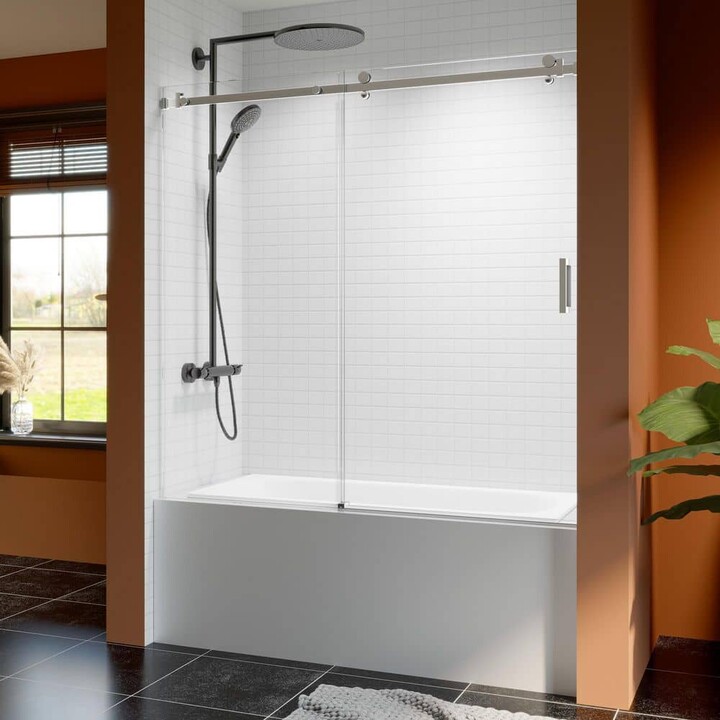 EAKYHOM Reversible 56 to 60 in. W x 60 in. H Frameless Sliding Tub Door in Chrome with Soft-Close and Tempered Clear Glass