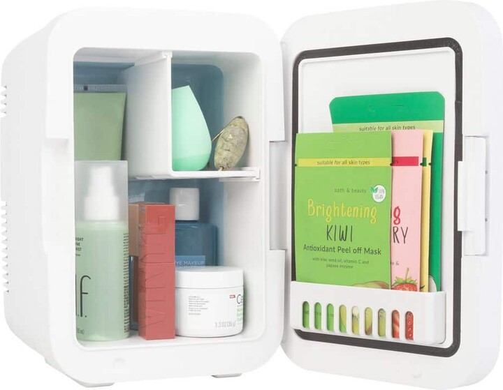 Home-Complete 8.75 in. 0.15 cu. ft. Portable Beauty Makeup Skincare LED Mirror Mini Refrigerator in White