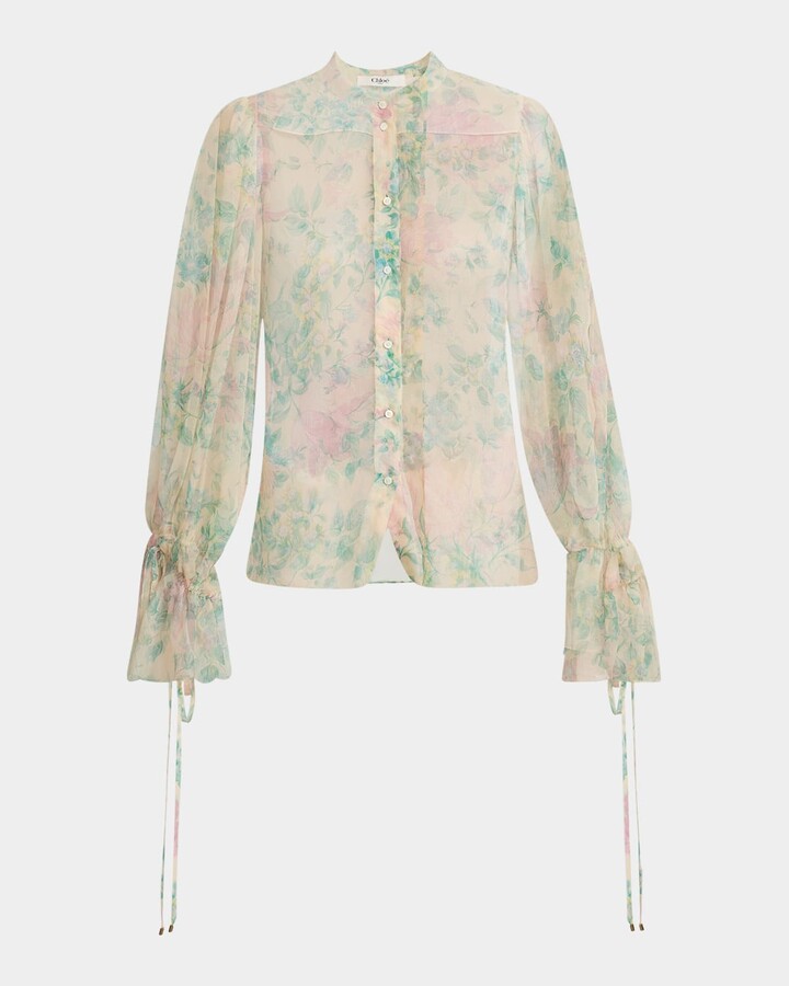 Chloé Floral Silk Balloon-Sleeve Button-Down Top