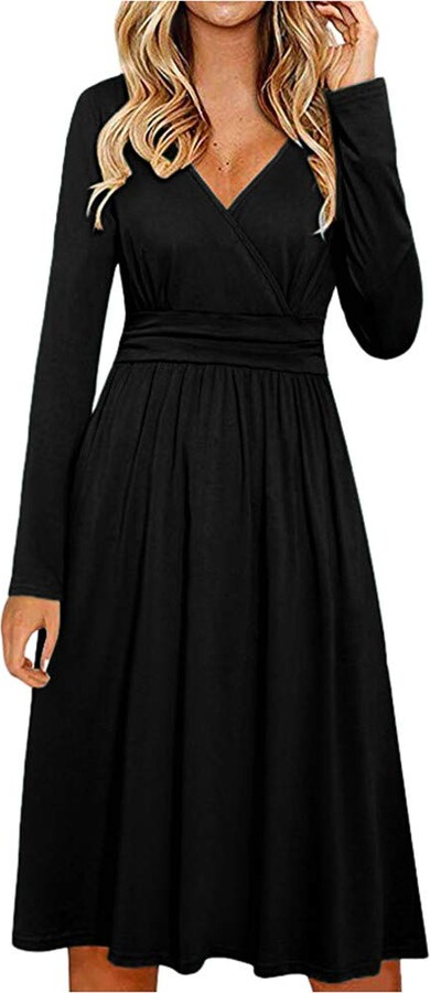 Your New Look Women's Casual Loose Fit Long Sleeve Wrap Dress Plain Color V  Neck High Waisted Flare Dress Midi Dress for Work Vacation Black - ShopStyle
